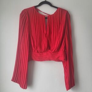 Dynamite Red Pleated Double V Opening Flowy Long-Sleeve Top Blouse Sz Large